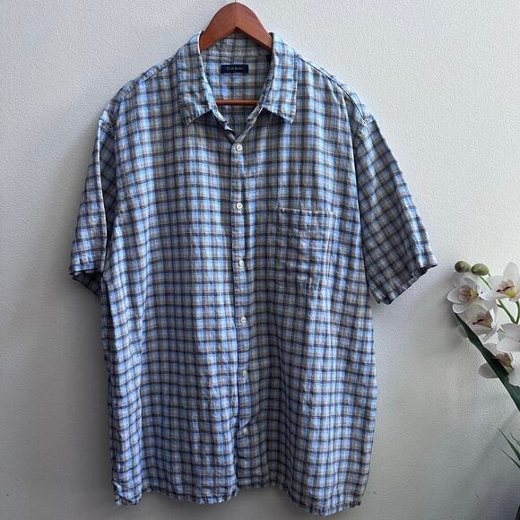 Club Room Shirt Mens XXL Blue Plaid Short Sleeve Button Front Linen Cotton Blend - Picture 1 of 6